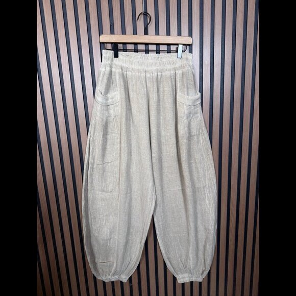 Meo Meli Trousers OS Beige Oatmeal Linen Cotton Paperbag Knit Elastic Waist - Picture 1 of 8